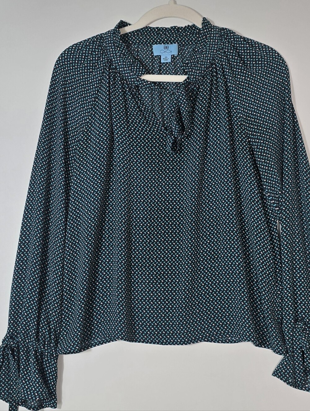 CeCe Dark Teal Geo Tie-Neck Long Sleeve Blouse